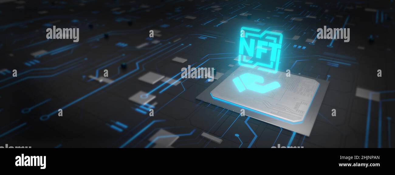 Glowing NFT Chip. Blockchain Tech Background. Futuristic Wallpaper. Digital Art Banner. Non Fungible Token Technology Art 3D Rendering Stock Photo