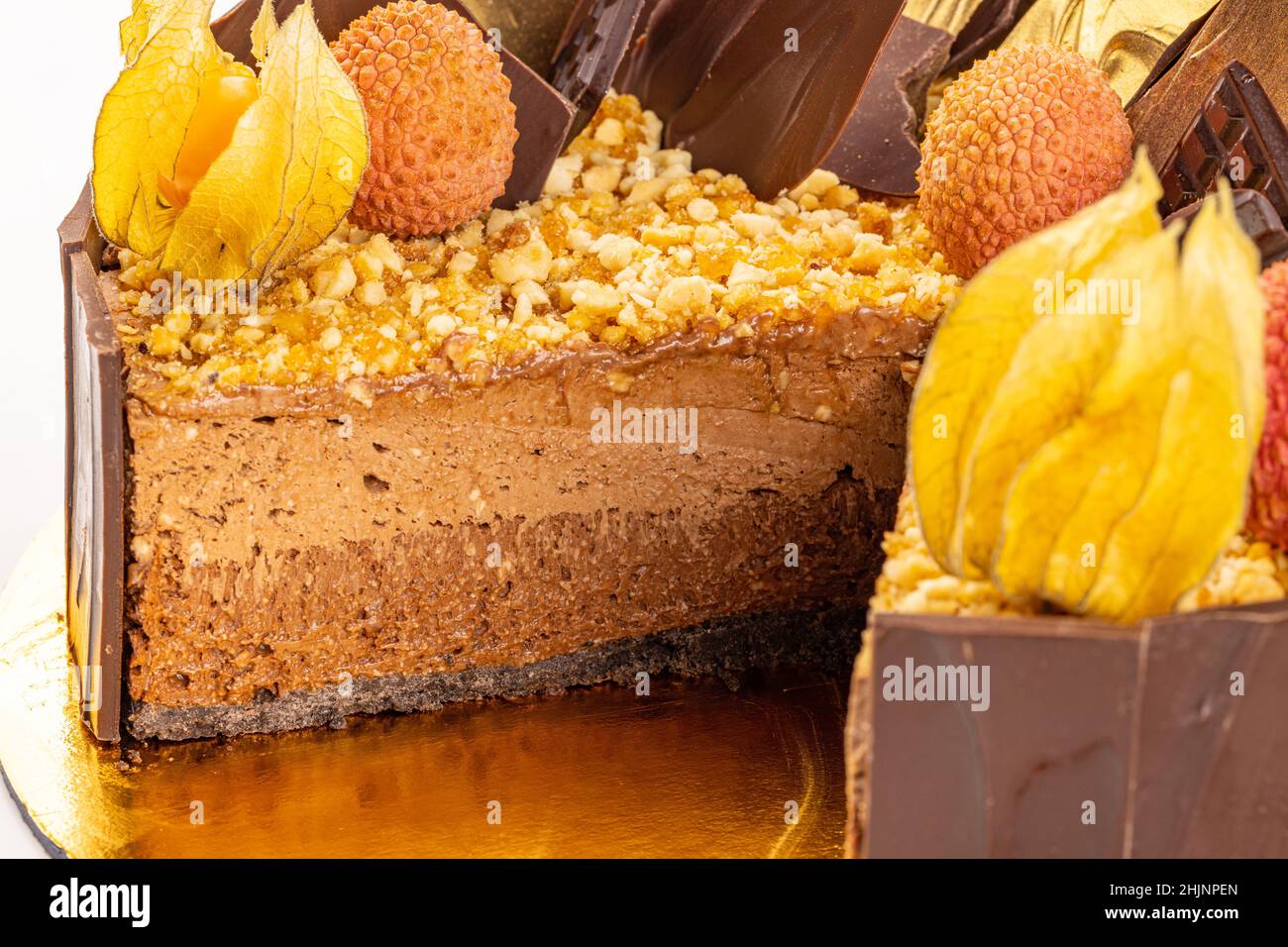 Detail and texture of mousse chocolate cake layer, close up Stock Photo