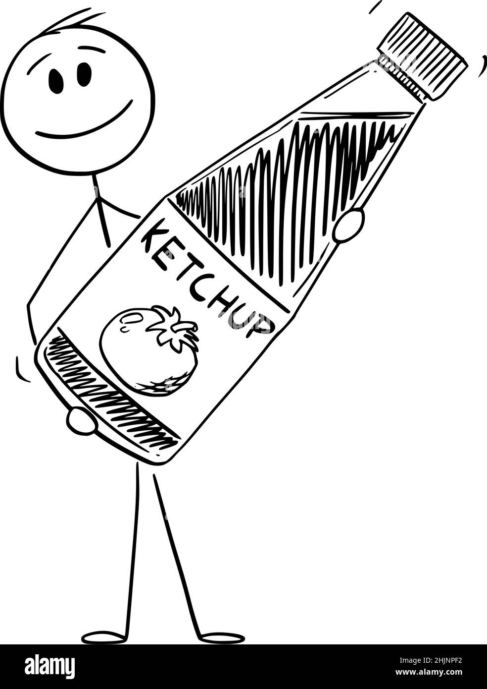Person Holding Ketchup Bottle, Vector Cartoon Stick Figure Illustration