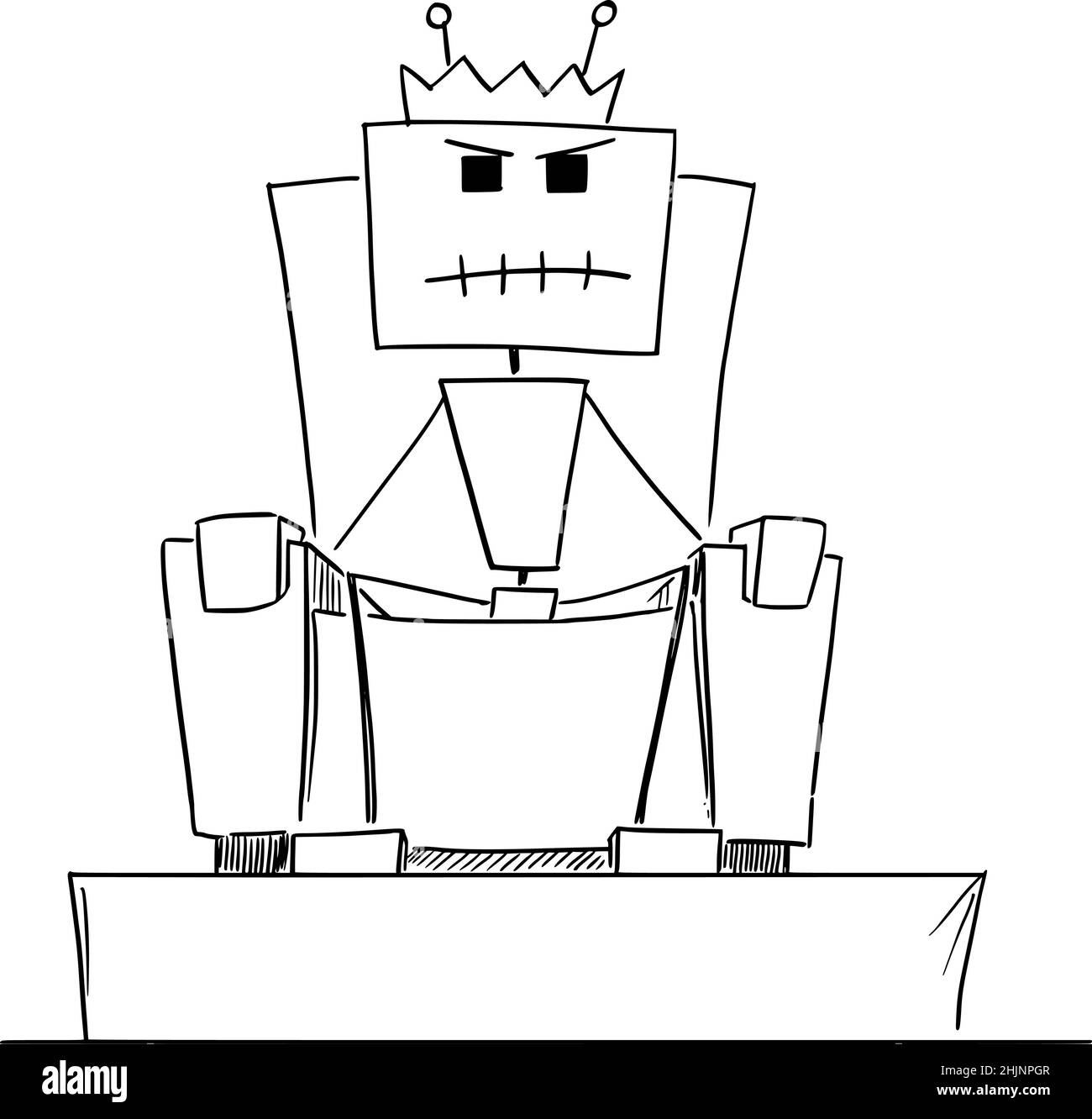 Robot, AI or Artificial Intelligence Sitting on Throne as King, Vector Cartoon Stick Figure Illustration Stock Vector