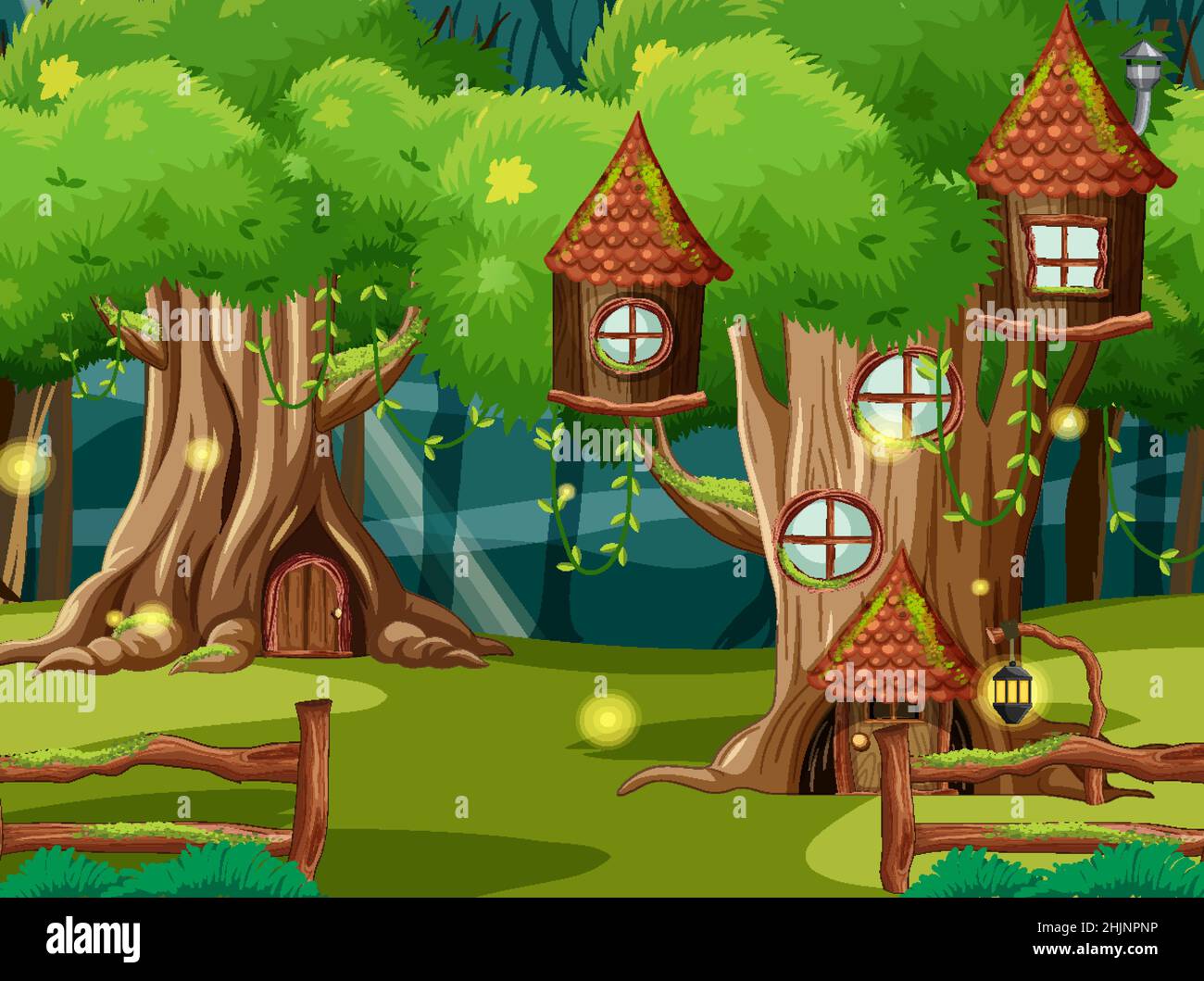 Fantasy forest background with tree houses illustration Stock Vector ...