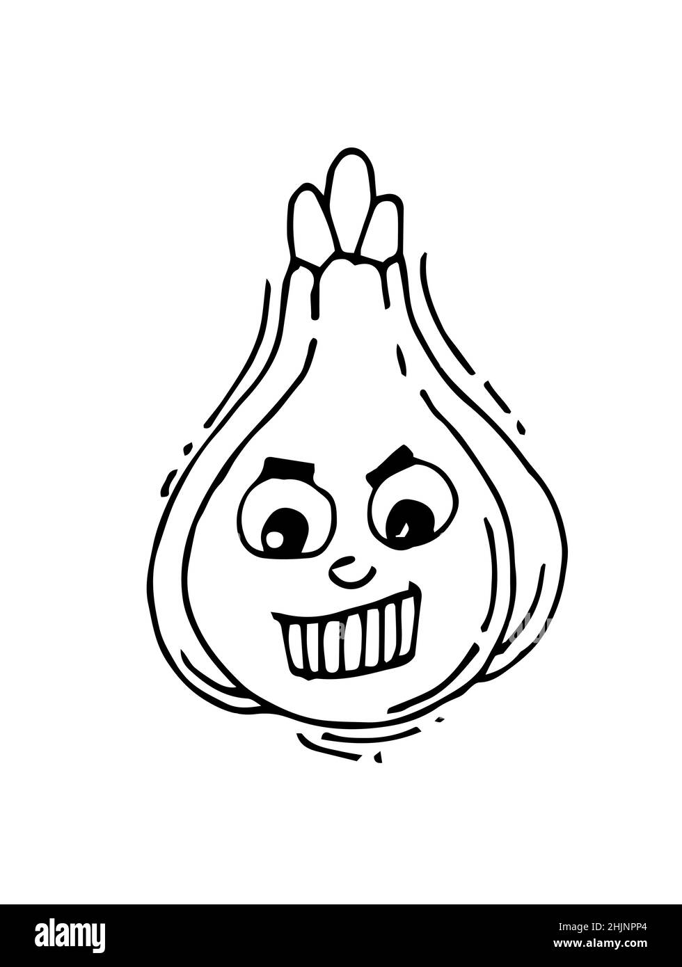 Onion laughs. Funny Face. Cheerful drawing of fruit. Hand drawing outline. Sketch Isolated on white background. Vector Stock Vector