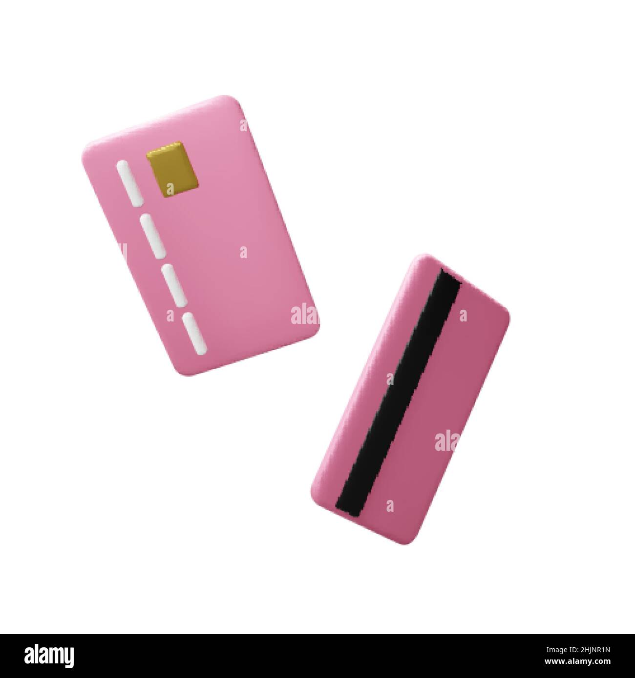 Cartoon style pink flying credit card front and back view. Banking operation. Financial transactions and payments. Credit card for online payment or s Stock Vector