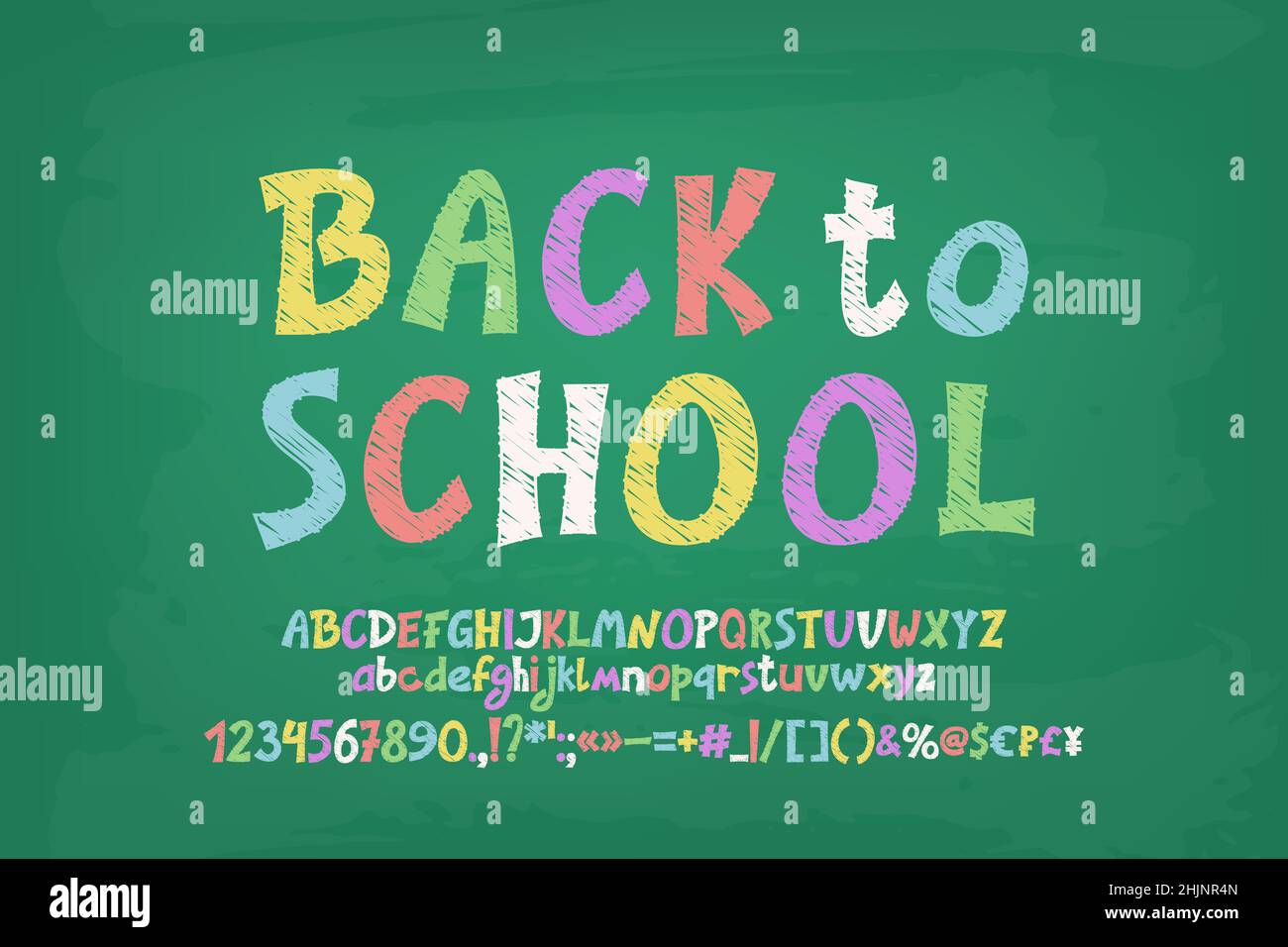 Bright banner Back to School, chalk letters on green chalkboard. Hand-drawn English font set for cartoon kids design. Stock Vector