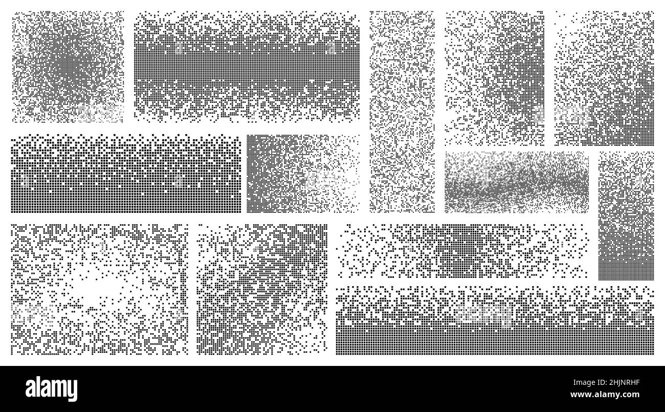 Dispersed pixel shapes. greyscale, art dissolve blocks. square dispersion, fragments transform. pixelation, destruction elements recent vector set Stock Vector