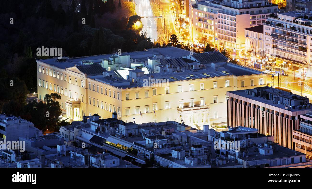Greek parliament at night in Athens, aerial view, Greece Stock Photo
