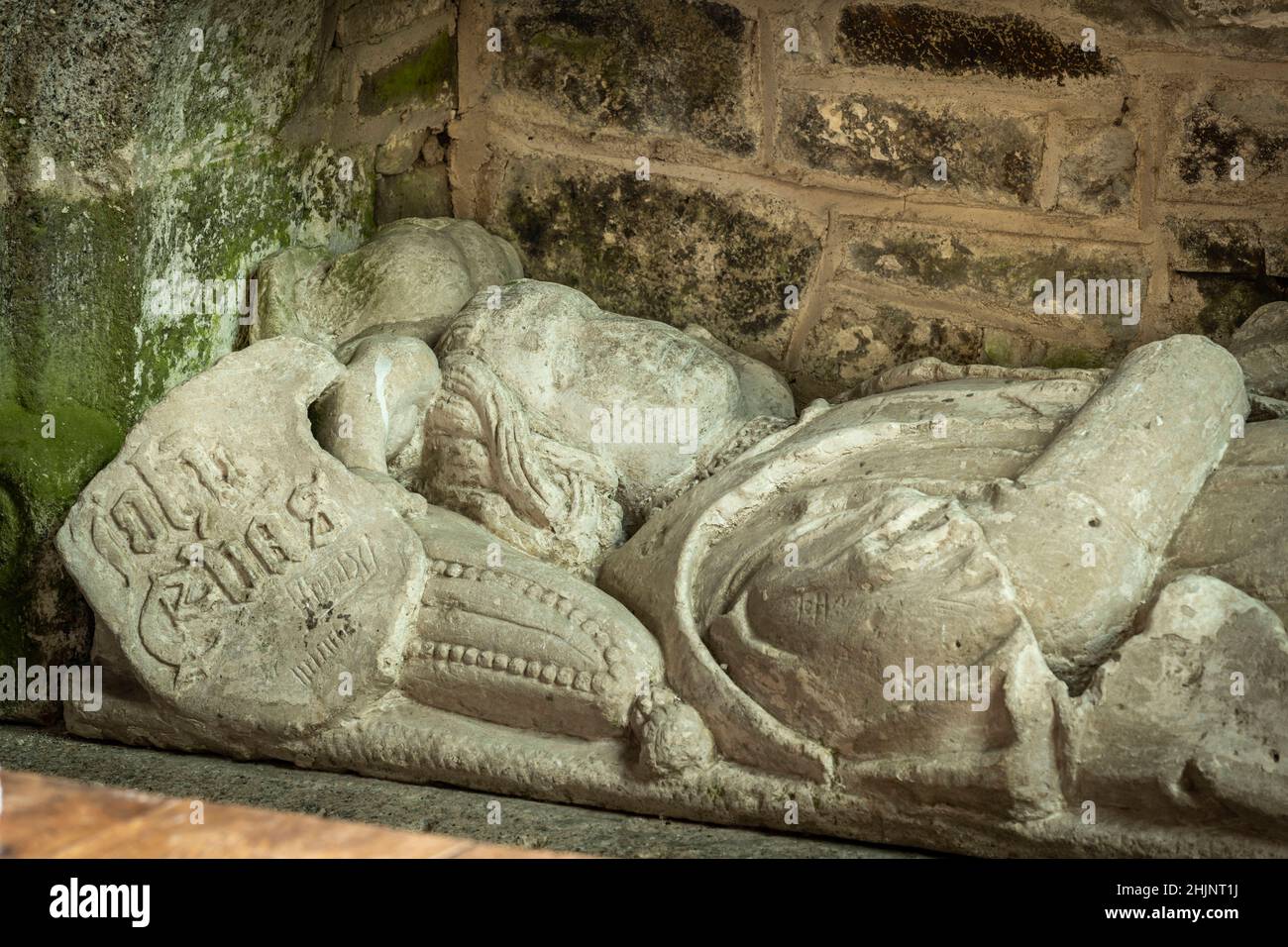 Stone Effigy of John Evans, now suspected to be the deposed King Edward V, one of the two Princes in the Tower, Coldridge, Devon. Stock Photo