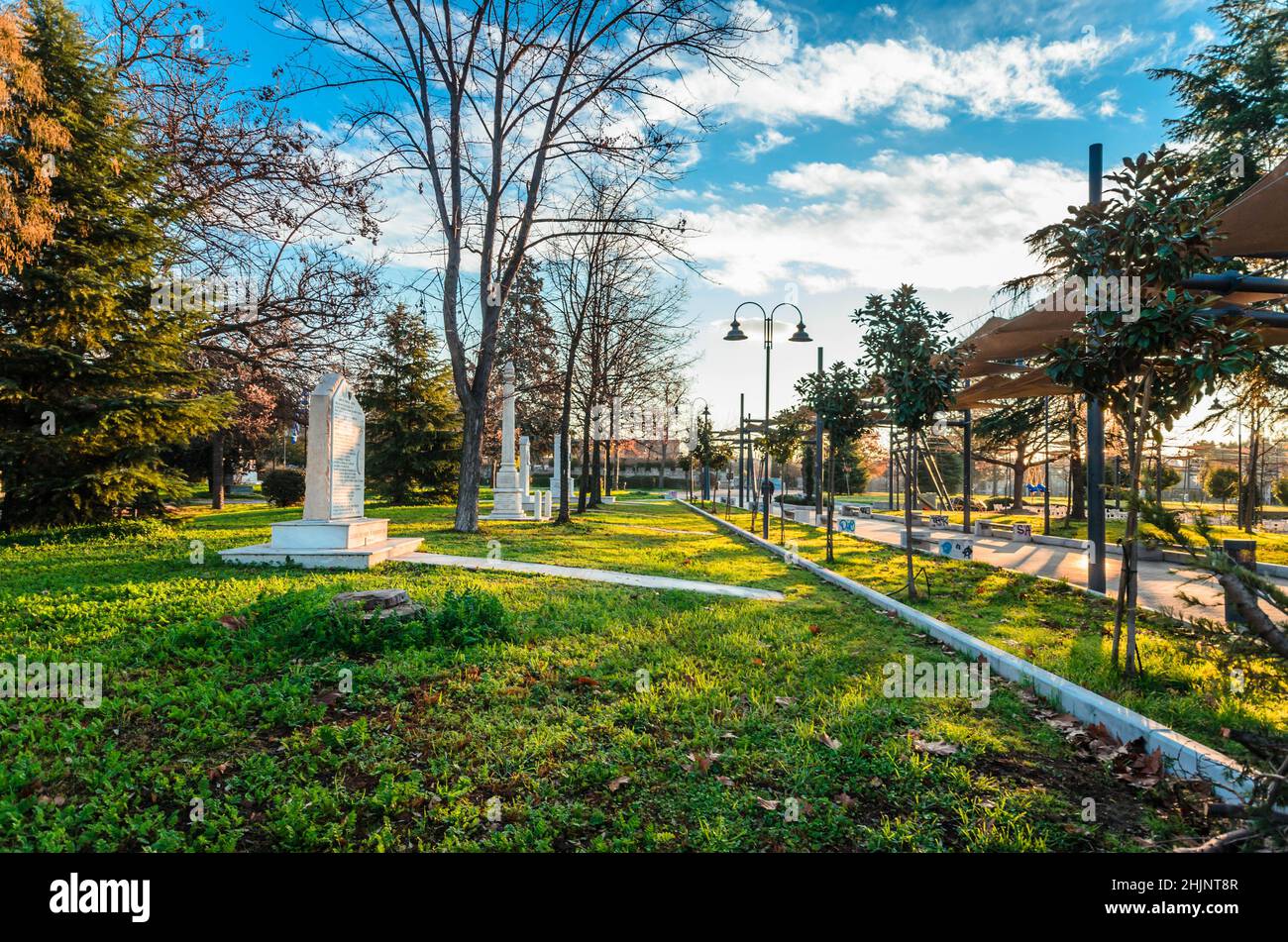 Beautiful park next to the orthodox church of Saint Achilleus  in Larissa, the biggest city of Thessaly. Stock Photo