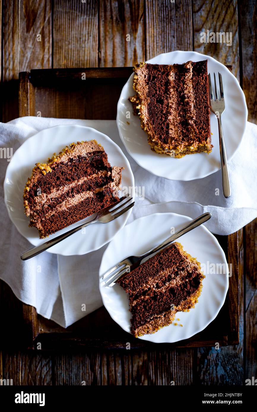 Chocolate, rum essence and toasted walnuts cake Stock Photo Alamy