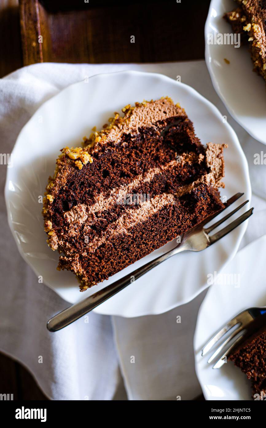 Chocolate, rum essence and toasted walnuts cake Stock Photo