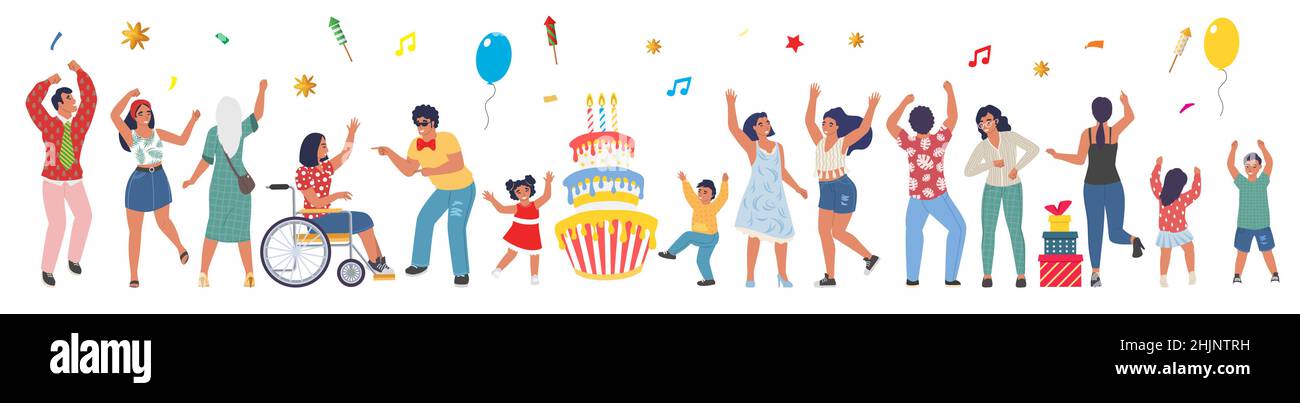 Dancing people celebrating birthday party and having fun, flat vector ...