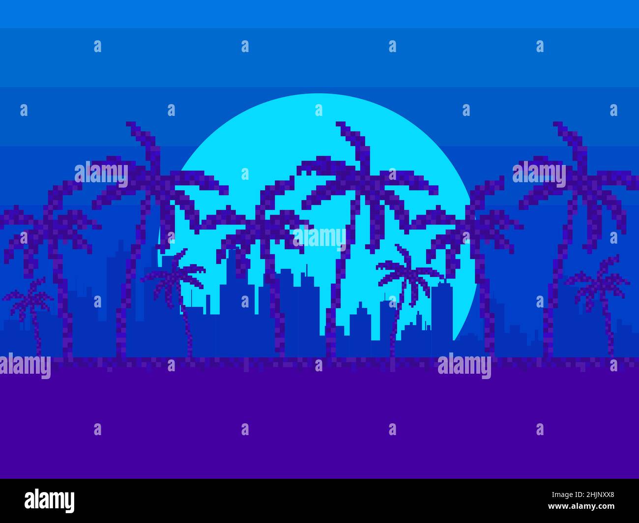 Night cityscape with palm trees in 80s pixel art style. Pixel palm ...