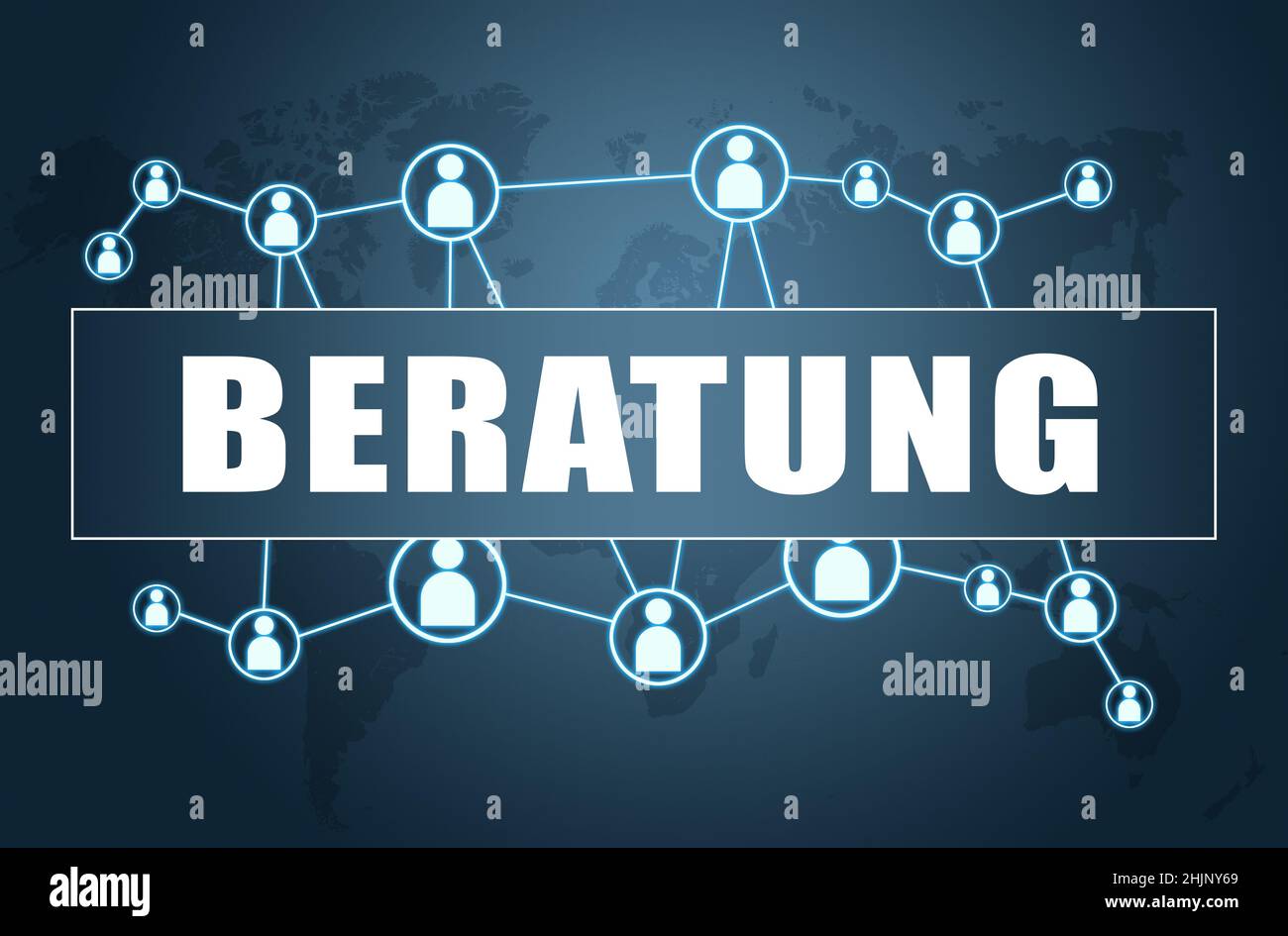 Beratung - german word for consulting - text concept on blue background with world map and social icons. Stock Photo