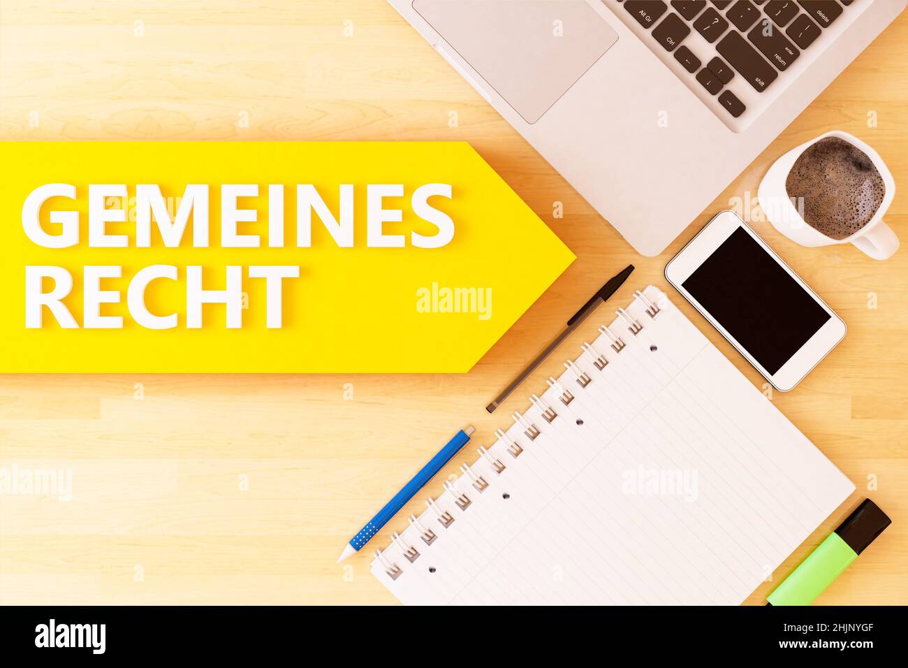 Gemeines Recht - german word for common right - linear text arrow concept with notebook, smartphone, pens and coffee mug on desktop - 3D render illust Stock Photo