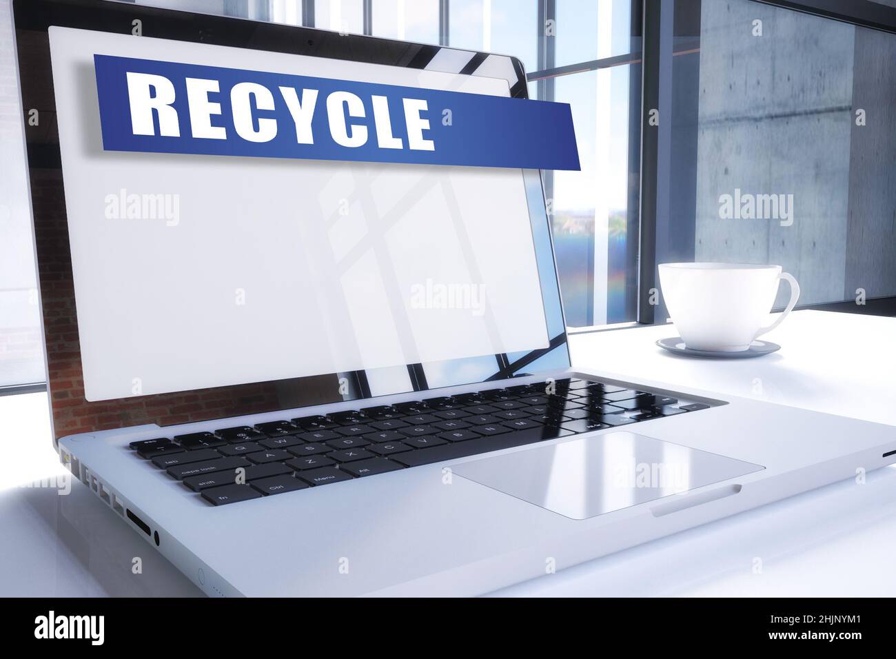 Recycle text on modern laptop screen in office environment. 3D render