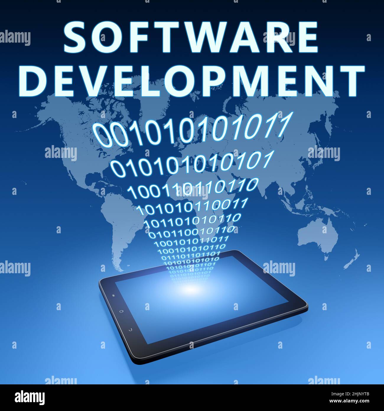 Software Development - text with tablet computer on blue digital world ...