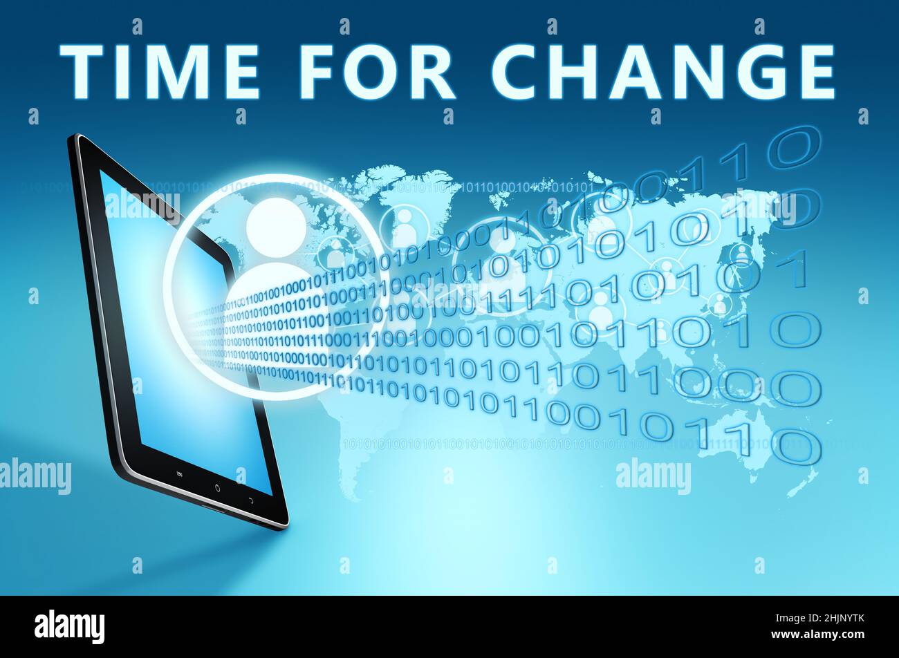 Time for change - text with social icons and tablet computer on blue ...