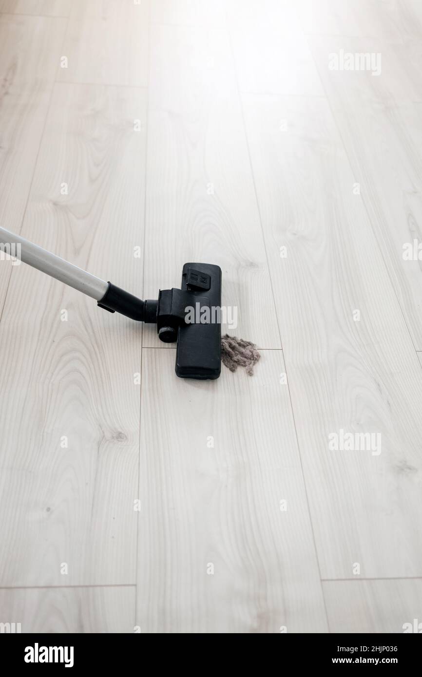 Removing dust from wooden floor with vacuum cleaner at home Stock Photo Alamy