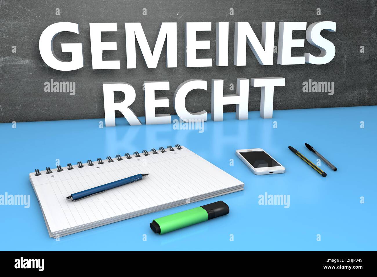 Gemeines Recht - german word for common right - text concept with chalkboard, notebook, pens and mobile phone. 3D render illustration. Stock Photo