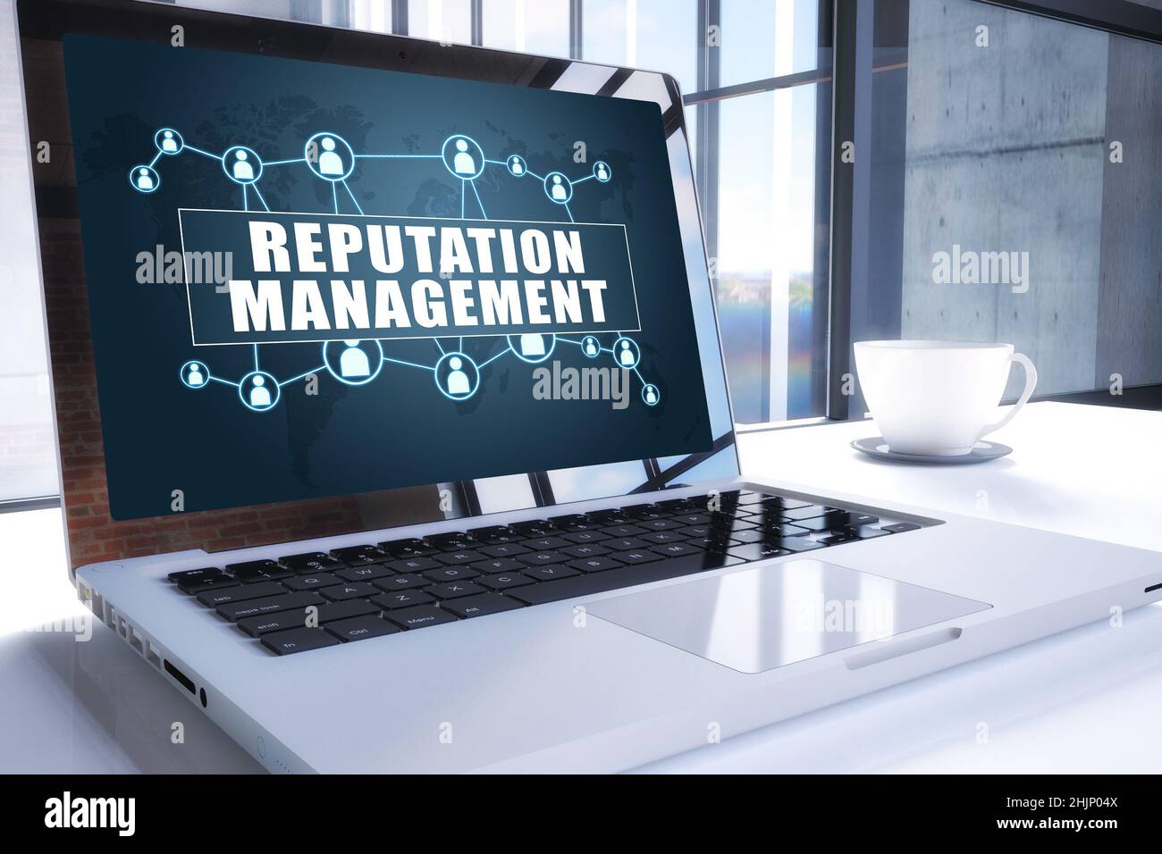 Simple Reputation Computer Background Reputation Management text on modern laptop screen in office ...