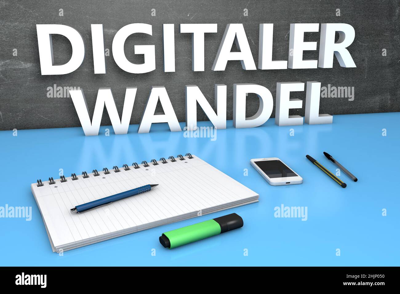 Digitaler Wandel - german word for digital change or digital business transformation - text concept with chalkboard, notebook, pens and mobile phone. Stock Photo