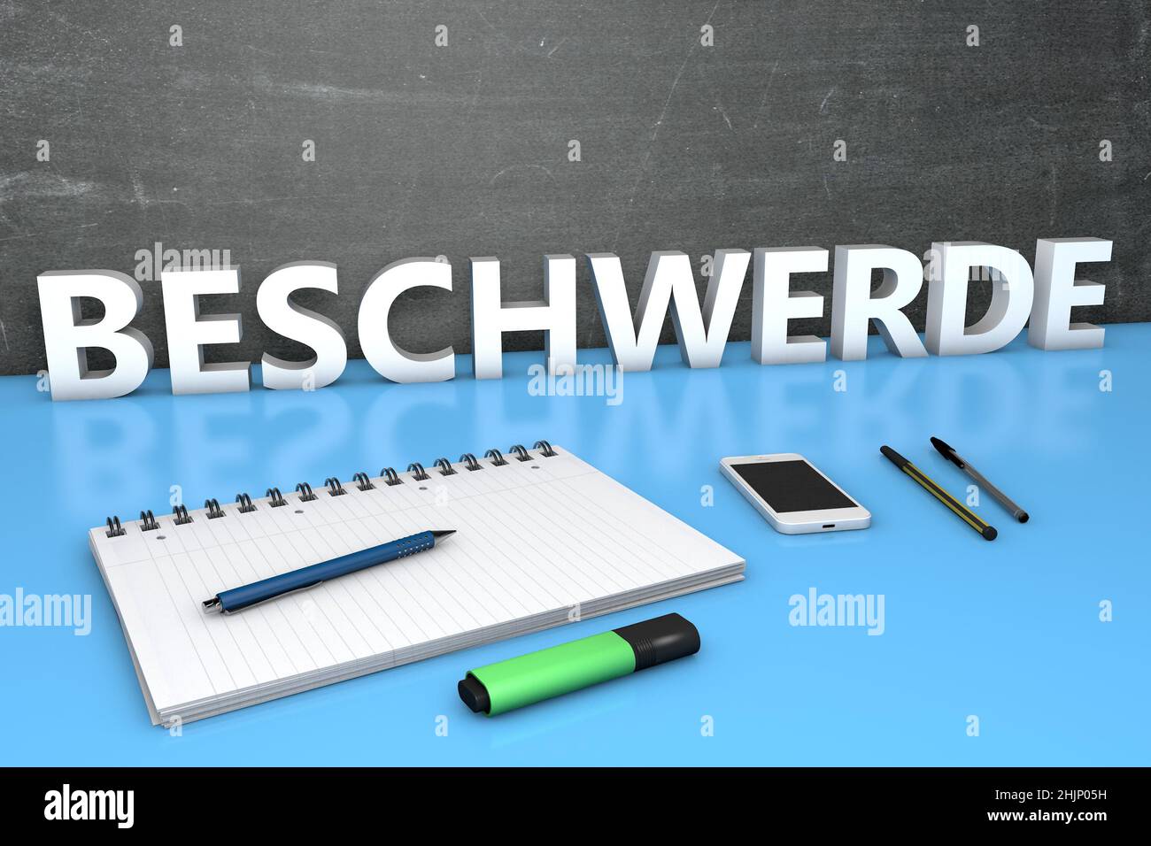 Beschwerde - german word for appeal or complaint - text concept with chalkboard, notebook, pens and mobile phone. 3D render illustration. Stock Photo