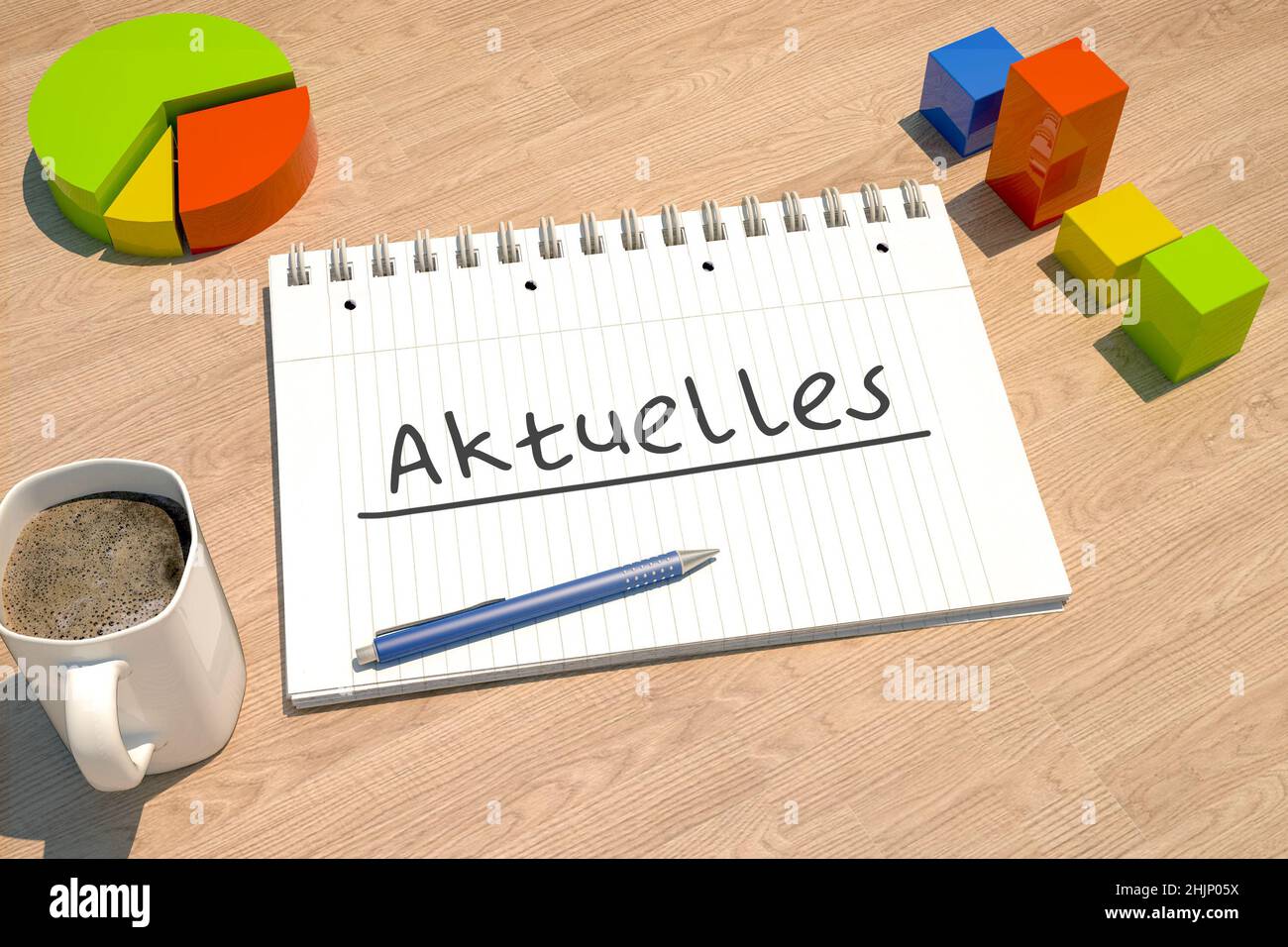 Aktuelles - german word for news, current, topically or updated  - text concept with notebook, coffee mug, bar graph and pie chart on wooden backgroun Stock Photo