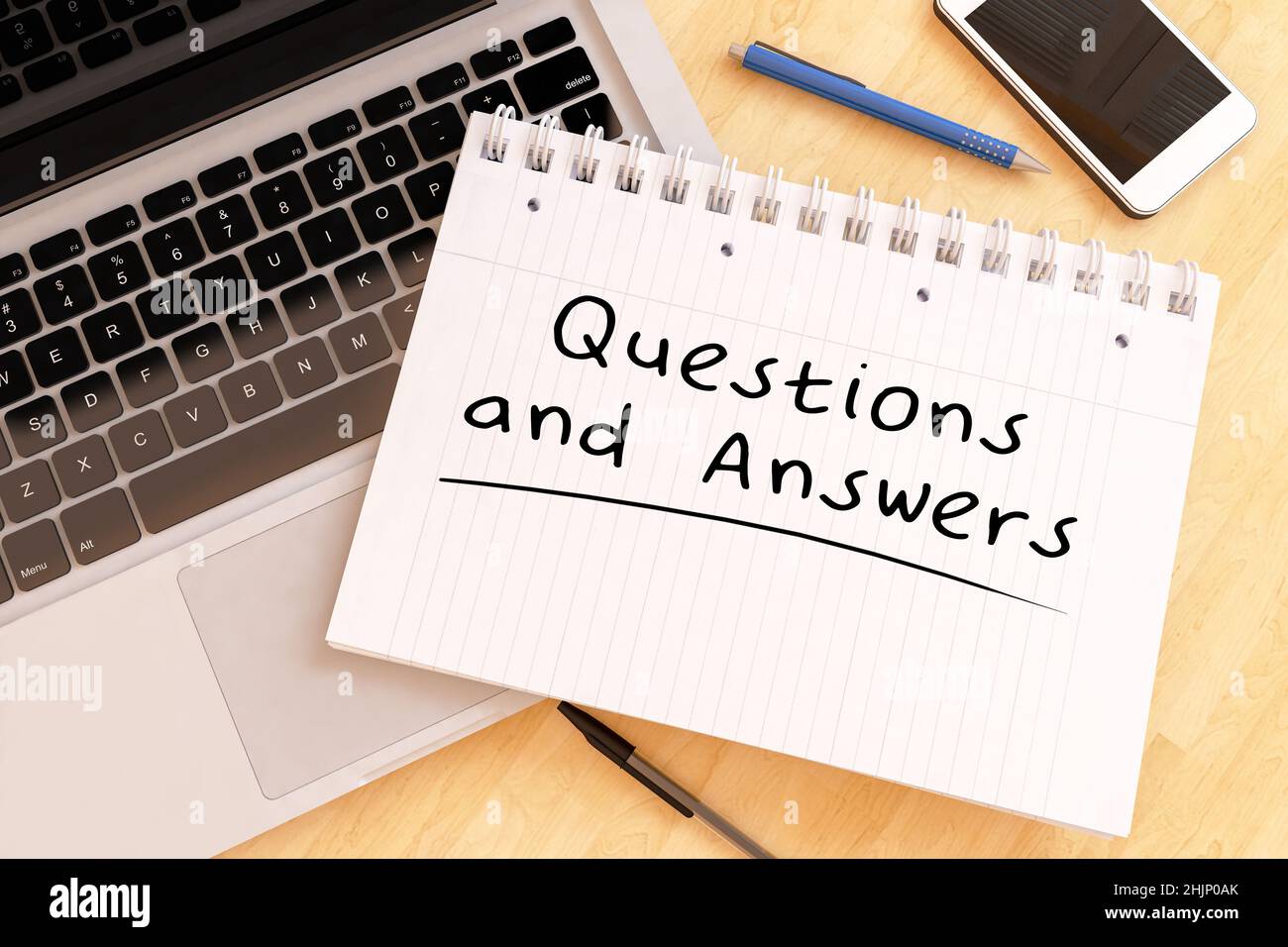 Questions and Answers - handwritten text in a notebook on a desk - 3d ...