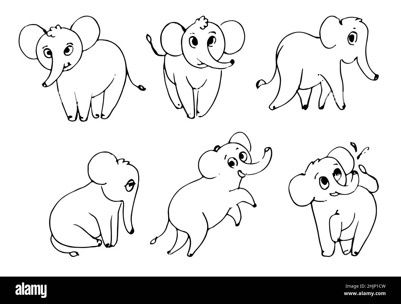 Set of cheerful cartoon elephants. Funny cute animal. Outline sketch