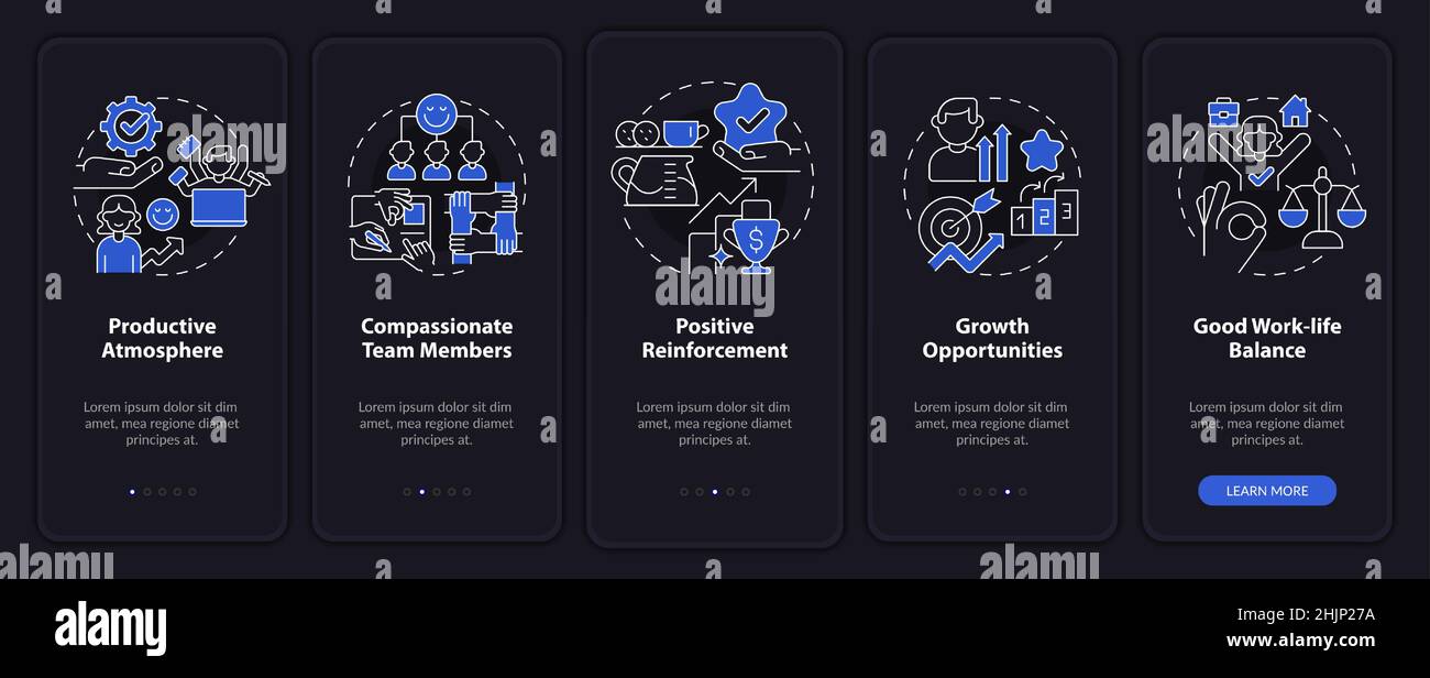 Healthy workplace environment night mode onboarding mobile app screen ...