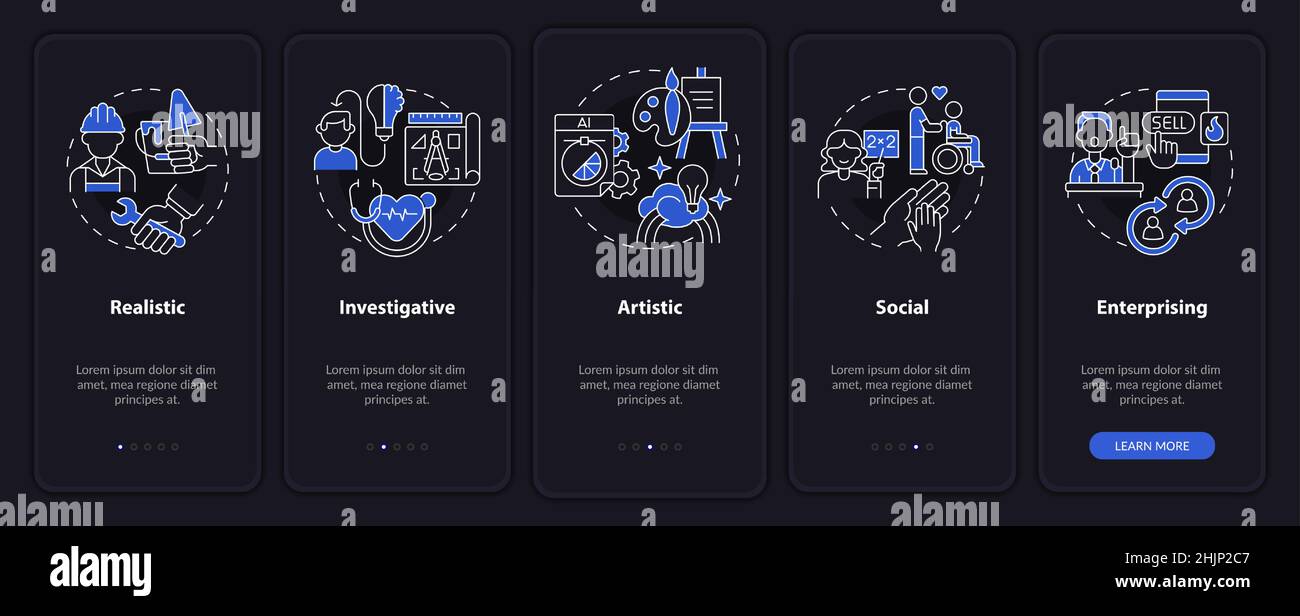 Office environment types night mode onboarding mobile app screen Stock Vector