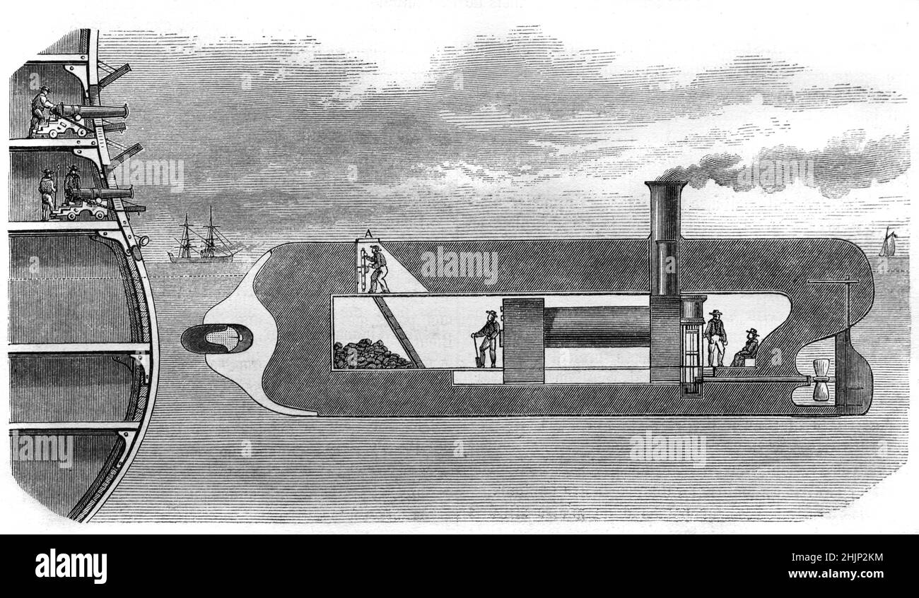 Cross section of an Anti-Invasion Floating Mortar, aka Nasmyth's Submarine Mortar, Steam Battering Ram or Anti-Invasion Floating Hammer,  an Early Submarine or Semi-Submersible Naval Ship Invented by Scottish engineer James Nasmyth in 1853 shown Ramming a Tall Ship. Vintage Illustration or Engraving 1856. Stock Photo