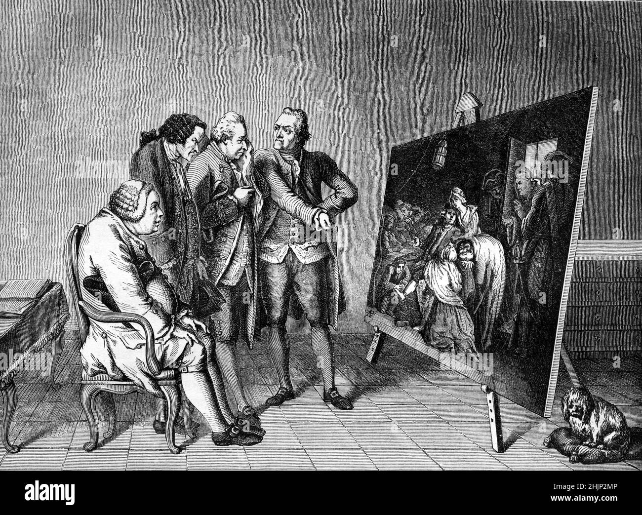 Engraving of Painting The Four Temperaments, Phlegmatic, Melancholic, Sanguine & Choloric Personality Types, based on Four Temperament Theory, by German Painter & Printmaker Daniel Niklaus Chodowiecki (1726-1801) Stock Photo