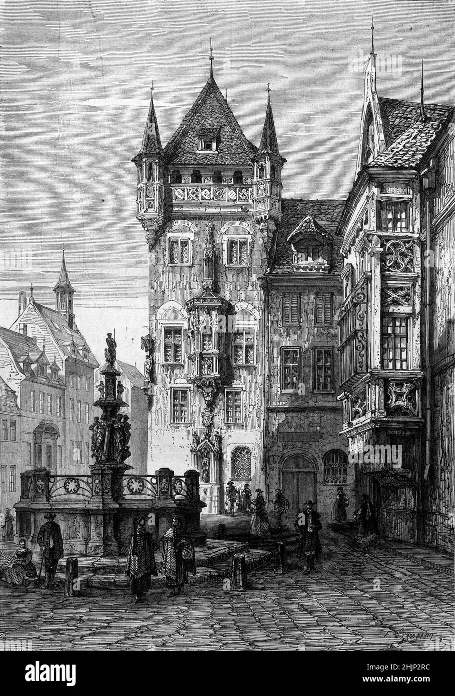 Nassauer Haus, a Medieval Tower House or c13th Residential Tower Built of Castle Sandstone and Street Fountain in the Old Town or Historic District Nuremberg Bavaria Germany. Vintage Illustration or Engraving 1865. Stock Photo