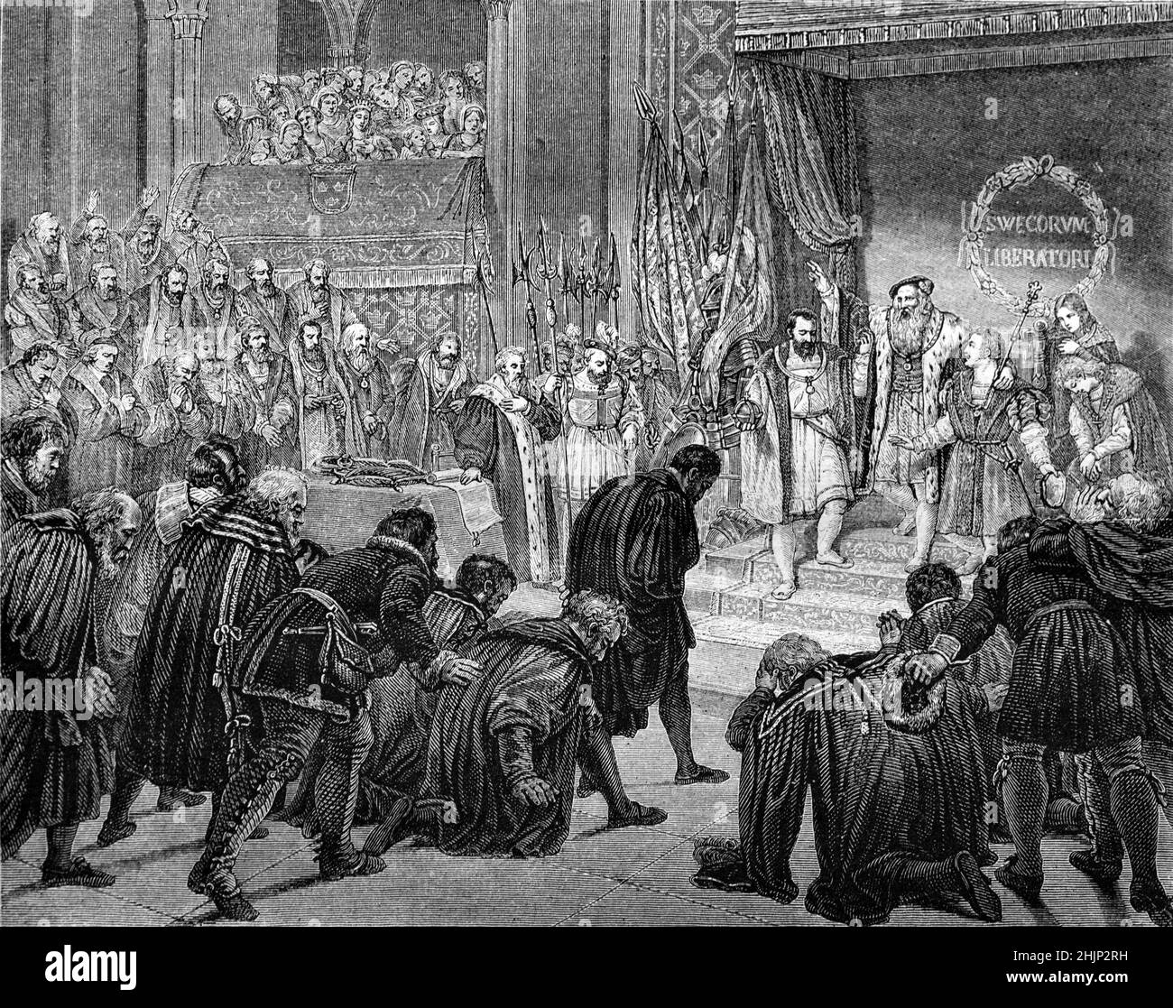 Abdication of King Gustav Vasa (1496-1560). The image shows a scene from 1544 when King Gustav I of Sweden, abolished Sweden's elective monarchy and replaced it with a hereditary monarchy or absolute monarchy under the House of Vasa. 1865 Vintage Illustration or Engraving. Stock Photo