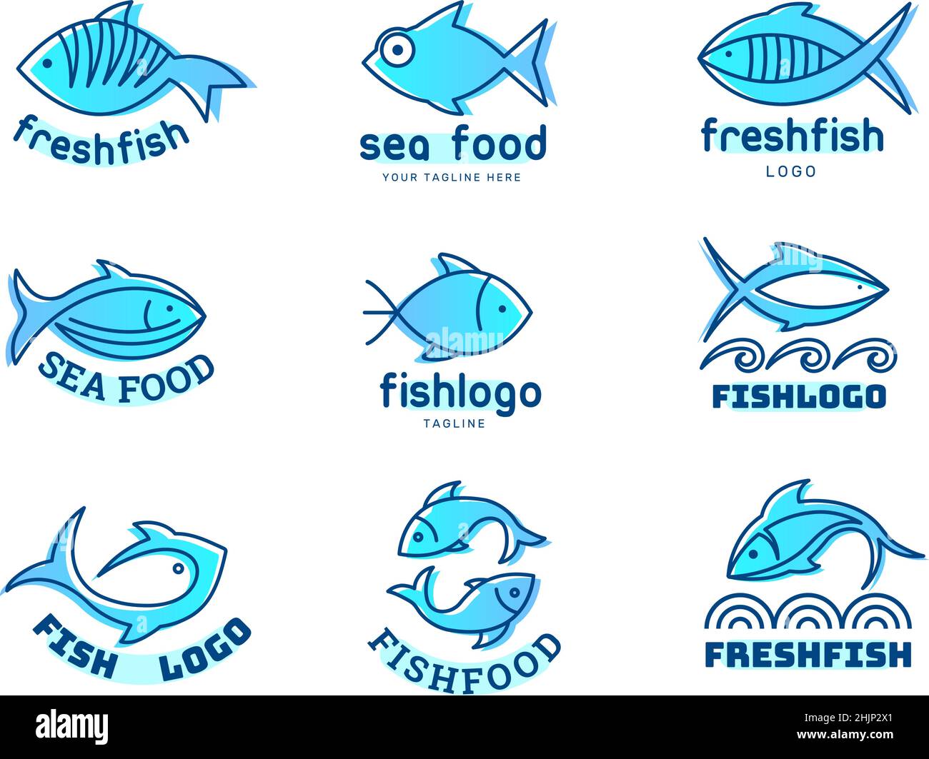 Fish logo. Stylized underwater animals icons identity for restaurant menu waves seafood pictures recent vector concept templates Stock Vector