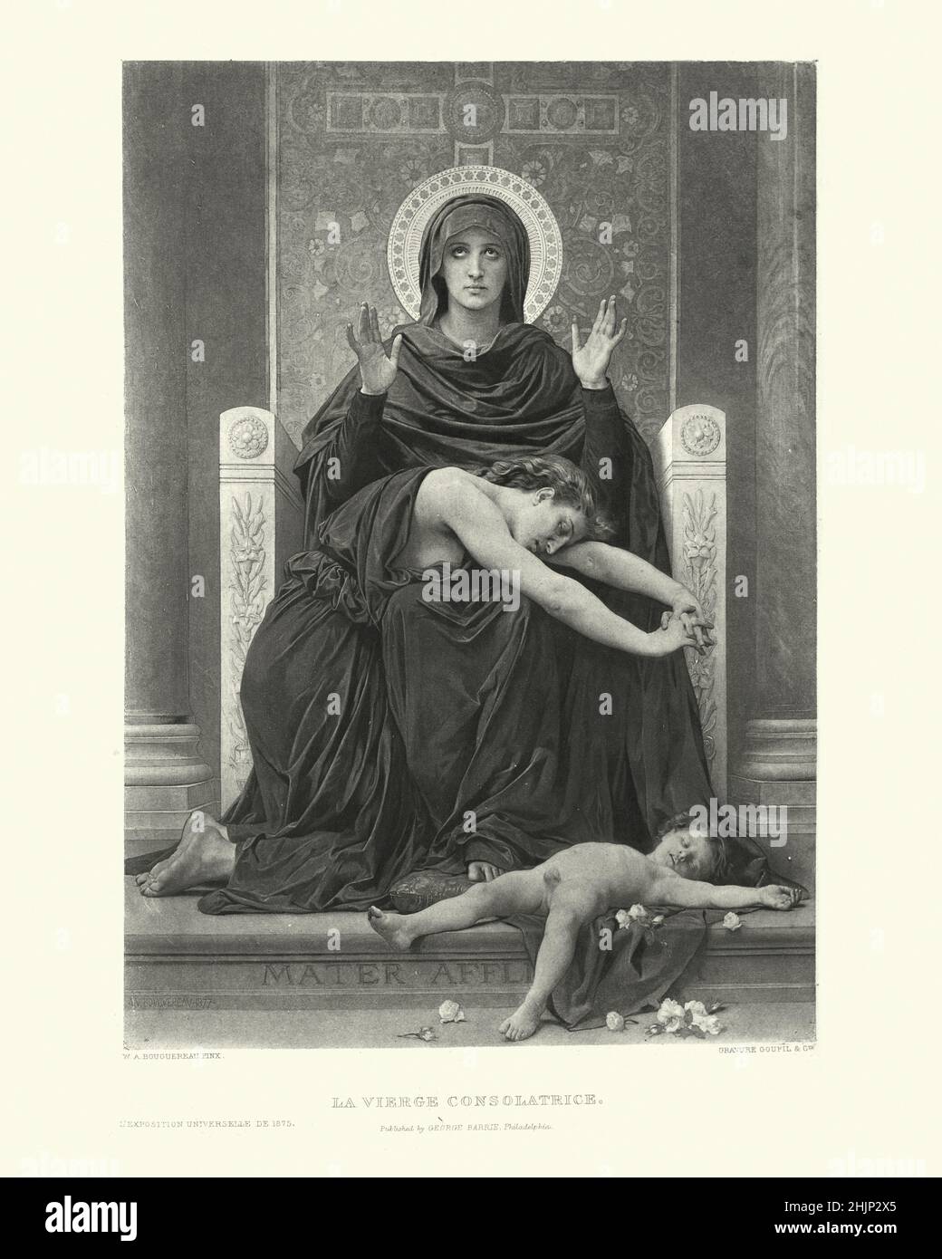 Vintage illustration of Vierge Consolatricem after William Adolphe Bouguereau, Virgin Mary consoling a grieving mother Stock Photo