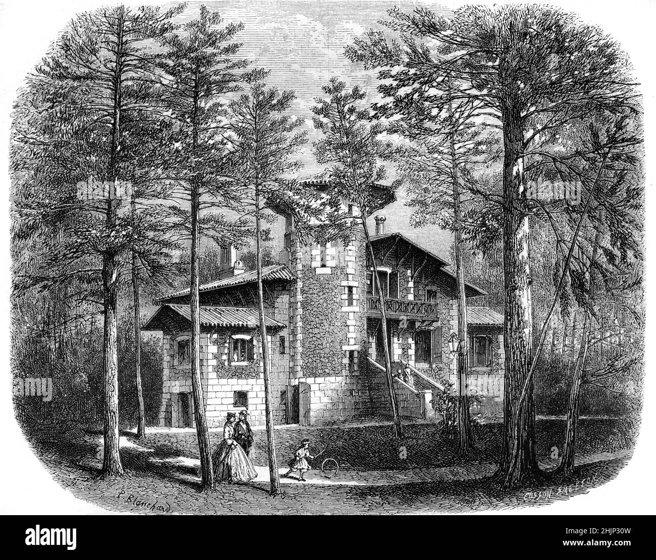 Period Villa, Belle Epoque Villa or Holiday House in the Landes Forest of Maritime Pines, Pinus pinaster, Arcachon Gironde France. Vintage Illustration or Engraving 1865 Stock Photo