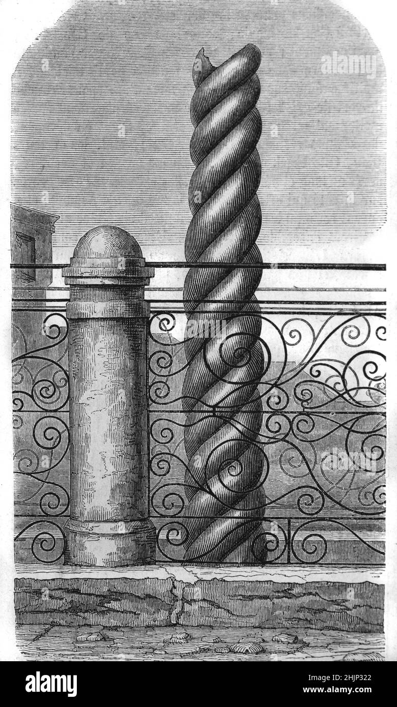 Illustration of the Serpent Column, aka the Serpentine Column, Plataea Tripod or Delphi Tripod, on the Hippodrome of Constantinople, now Istanbul Turkey. The column was a sacrificial tripod, originally in Delphi, but relocated to Constantinople in 324. The column commemorates the Greek Victory against the Persians at the Battle of Plataea in 479BC. Vintage Illustration or Engraving 1865 Stock Photo