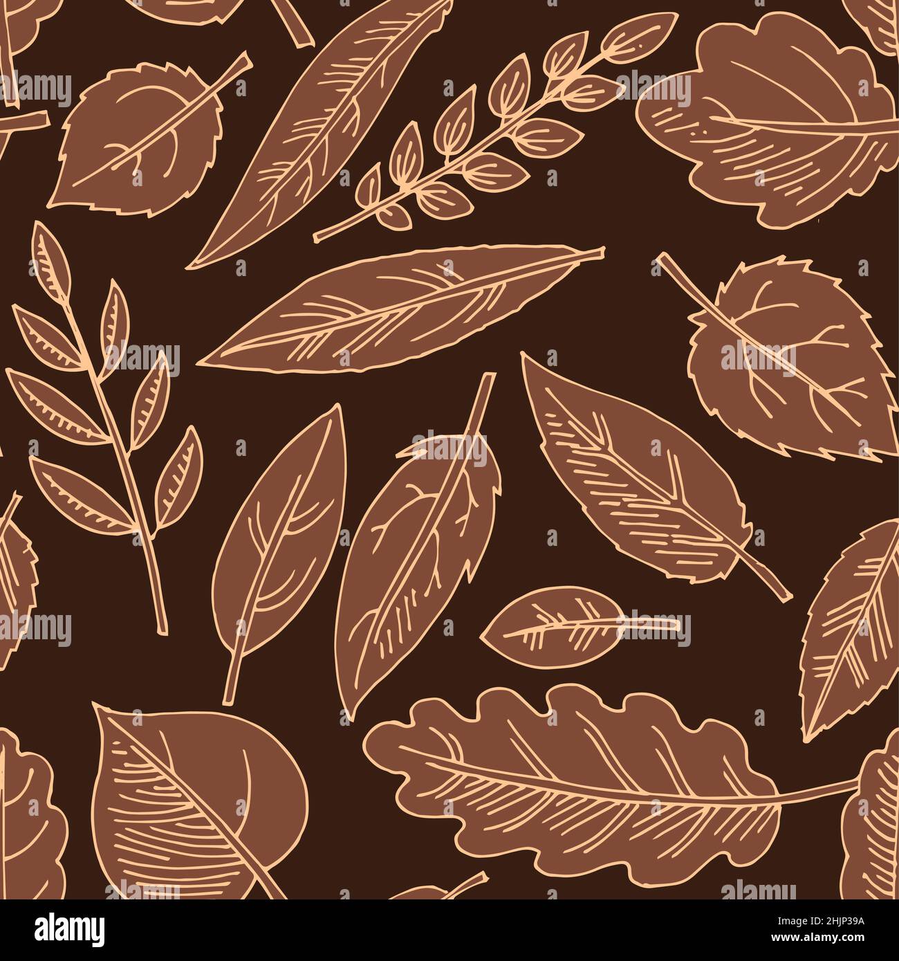 Brown Tree leaf background. Seamless pattern. Hand drawing outline. Sketch Vector Stock Vector