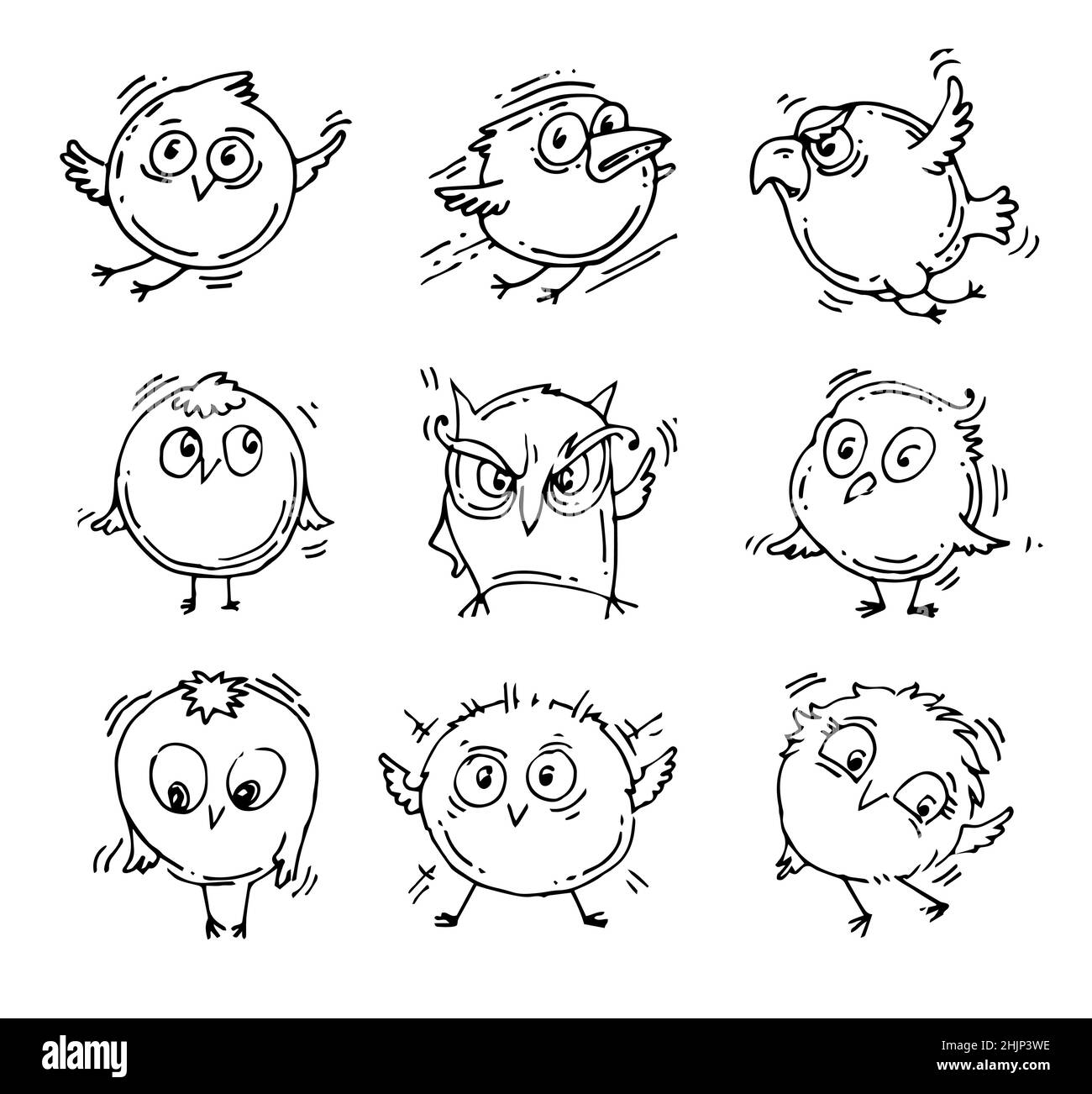 Set of funny bird. Cartoon character. Outline sketch. Hand drawing is isolated on a white background. Vector Stock Vector