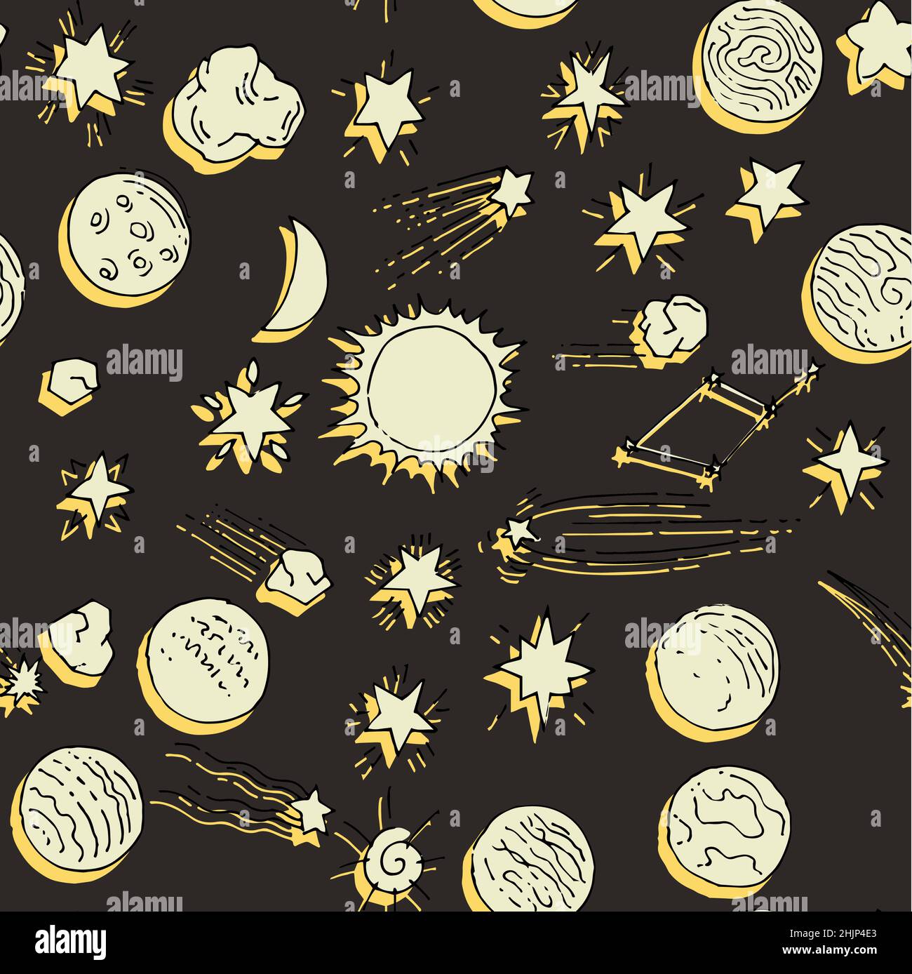 Dark Space background. Seamless pattern. Planets and stars. Beautiful space object. Simple doodle drawing in childish style. Outline sketch. Hand Stock Vector