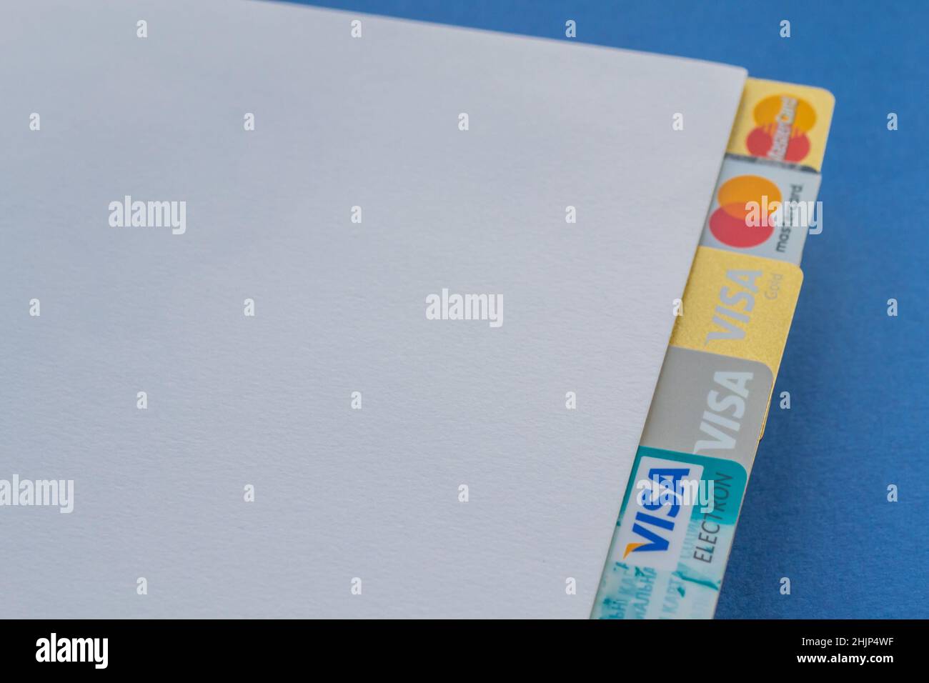 Moscow, Russia, August 2019: Credit cards: Visa, Visa gold, Visa ...