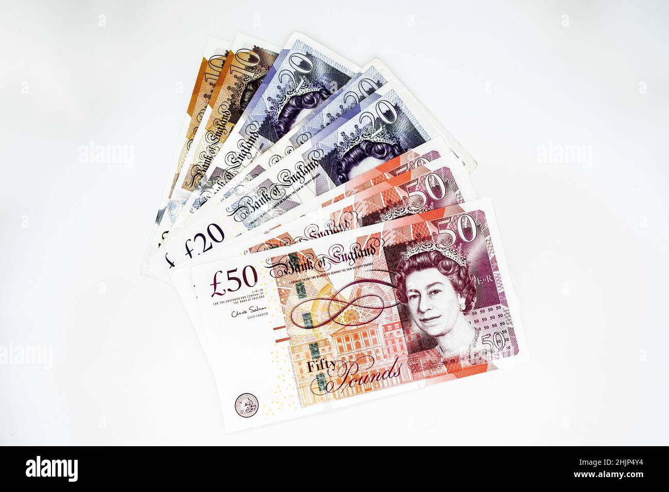 Moscow, Russia, February 2020: A pile of ten, twenty and fifty pound notes. Stock Photo