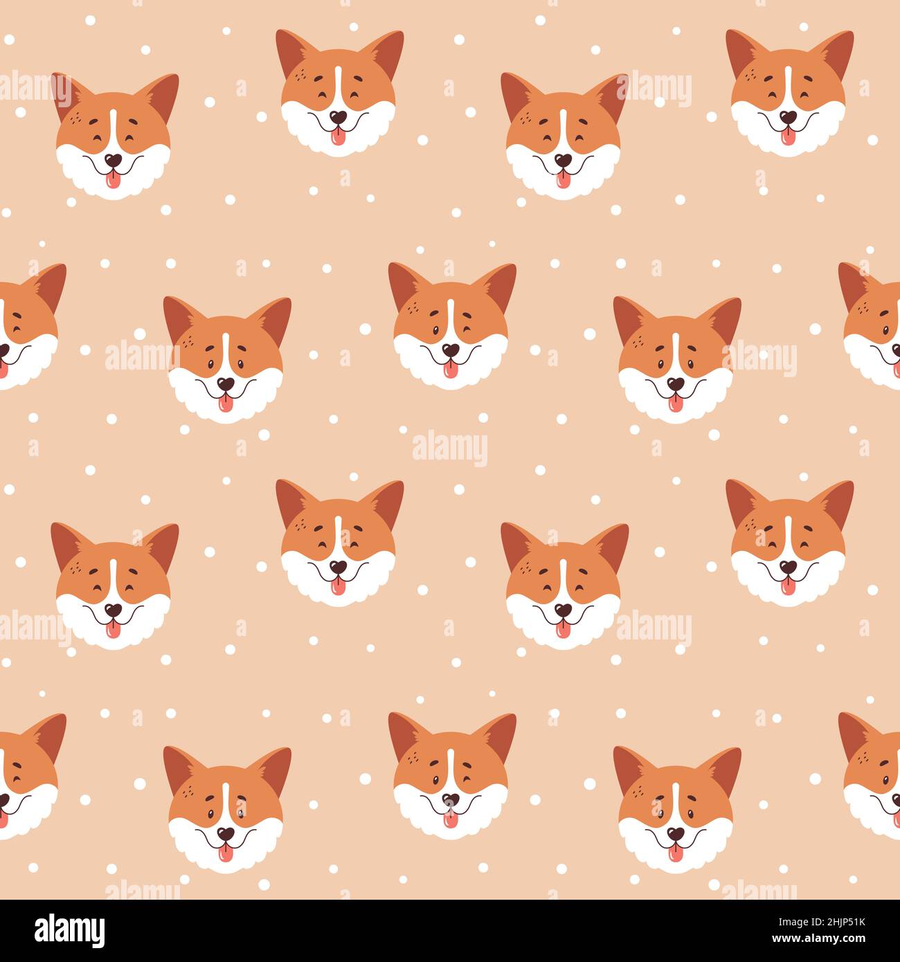 Corgi seamless pattern. Cute smiling welsh corgi faces and polka dot background. Happy dog characters. Vector illustration. Stock Vector