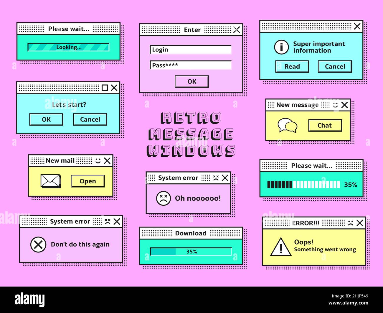 Retro message windows. Pc vintage hipster mail cloud, 1990s technology messages interface elements. Trendy old computer browser tidy template vector Stock Vector