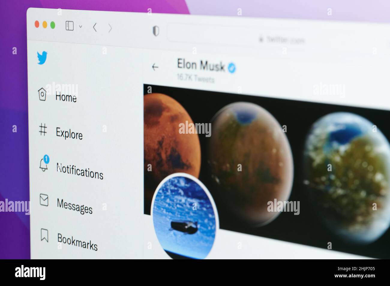 New york, USA - January 31 2022: Elon musk official twitter page on laptop screen close up view Stock Photo
