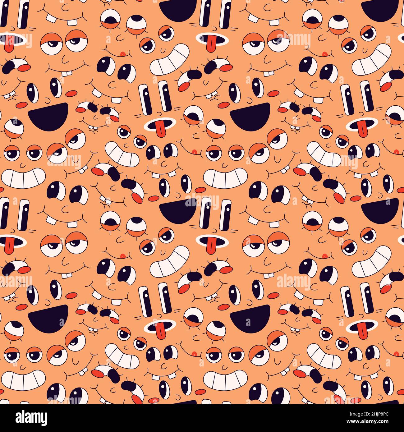Seamless pattern of faces with different emotions on an orange background in the cartoon style of the 70s Stock Vector