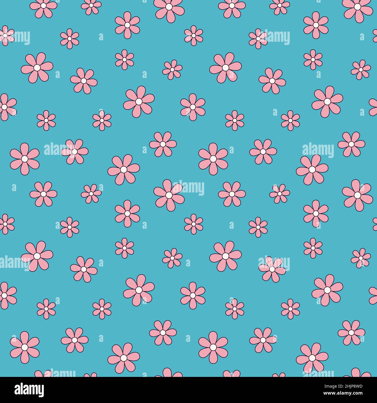 Seamless pattern with pink flowers on a blue background in the cartoon style of the 70s Stock Vector