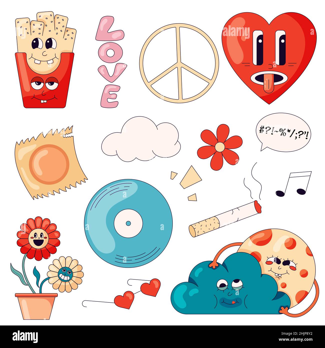 A set of hippie-themed stickers with French fries, flowers, a pacific symbol and other elements of the 70s in a cartoon style Stock Vector